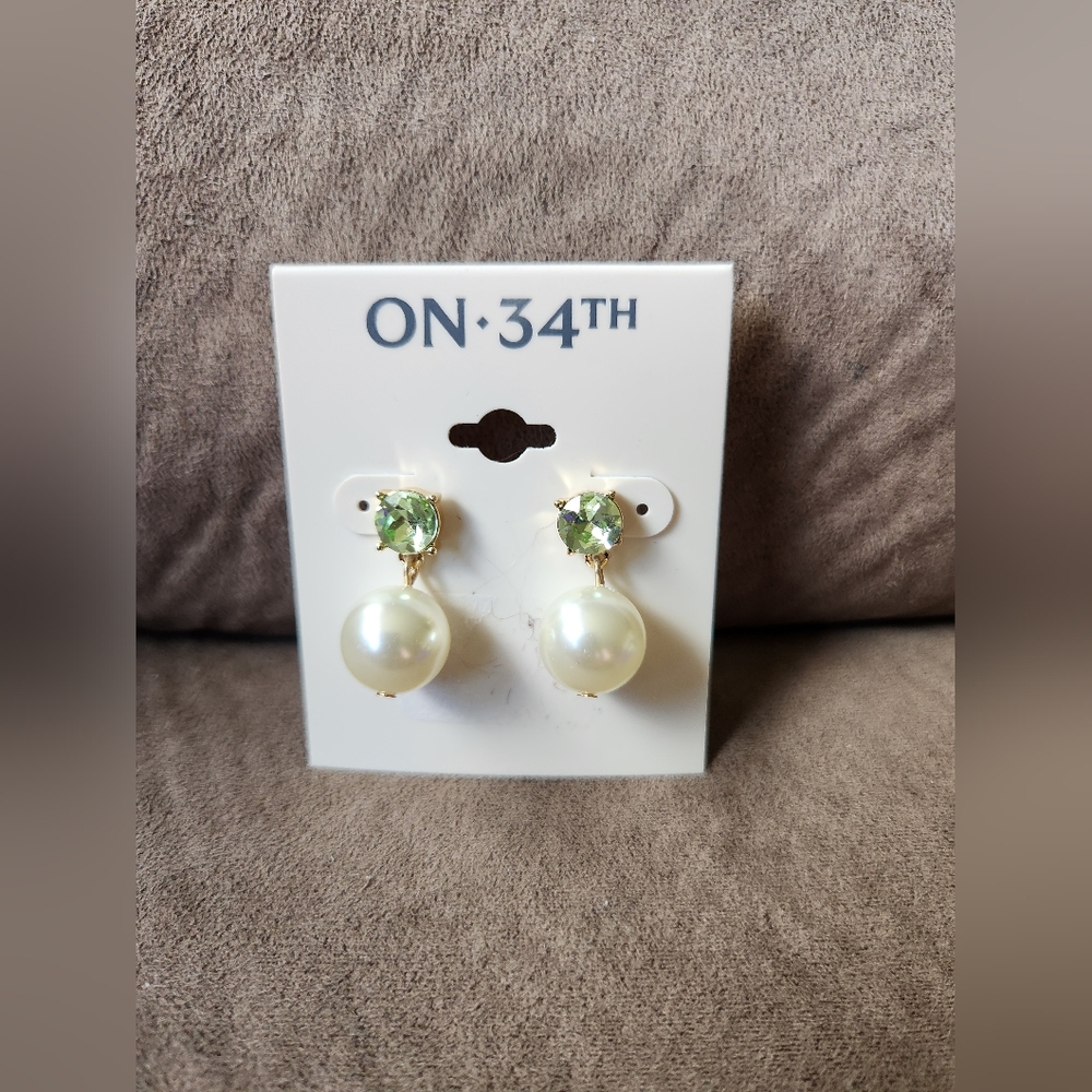 On 34th Earrings Faux Pearl Green Stone NWT